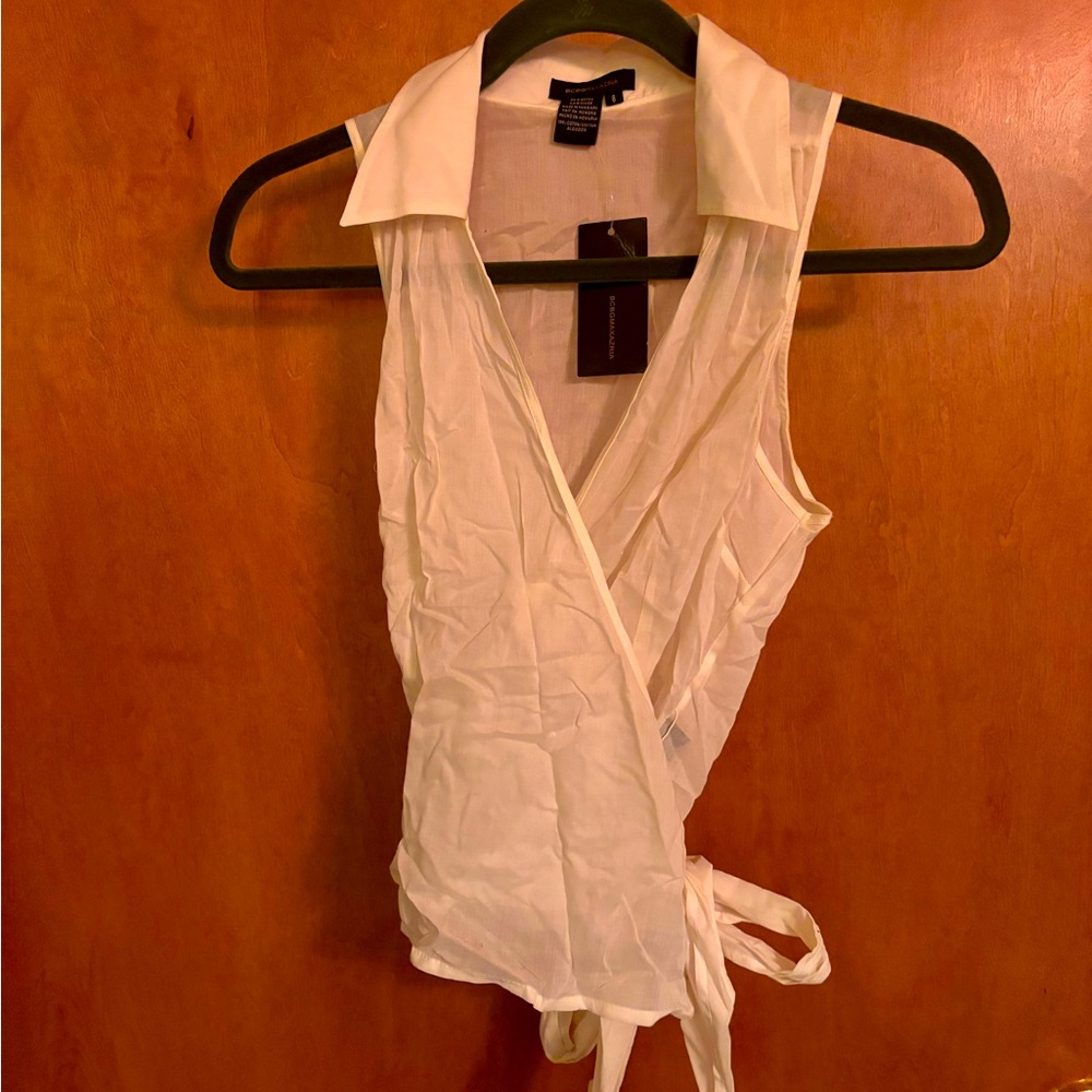 BCBGMaxAzria sheer white sleeveless wrap top blouse size 8 NEW